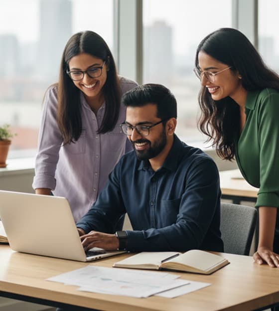 Team collaborating around a laptop